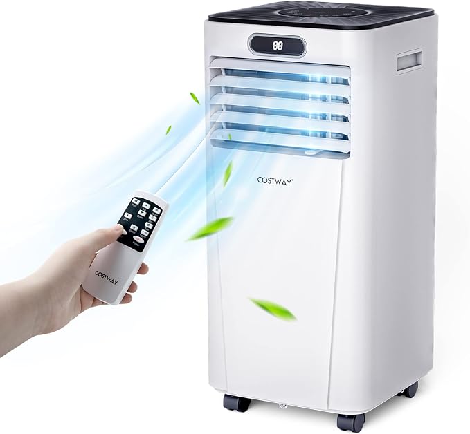 COSTWAY Portable Air Conditioner, 10000BTU Air Cooler with Drying, Fan, Sleep Mode, 24H Timer Function, Remote Control, Cools Room up to 350 Sq. ft, for Home & Office Use, Window Kit Included, White