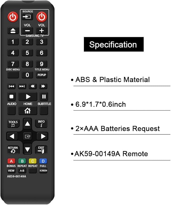 Gvirtue AK59-00149A Remote Replacement for Samsung DVD BD Blu-Ray Disc Player Remote, Applicable BDF5100/ZA BD-ES5300 BD-FM51 BD-FM57C BD-H5100 BD-H5900 BD-HM51 BD-HM59 BD-J5100 BD-J5700 BD-J5900