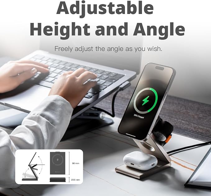 ADAM elements Mag Z 3-in-1 Foldable Travel Charging Station, Magnetic Wireless Charger for iPhone 17-12, Apple Watch, AirPods & Samsung Galaxy Watch, Compact Portable Stand for Desk & Travel (White)