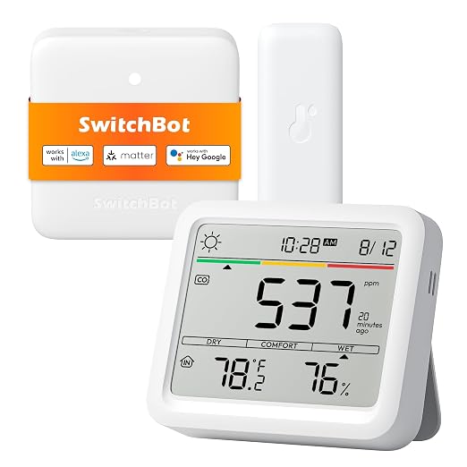 SwitchBot CO2 Detector, Air Quality Monitor Indoor, CO2 Monitor for CO2/TEMP/Humidity, Portable Carbon Dioxide Detector for Home/Car/Office/Greenhouse (Alexa-Enabled Meter Pro CO2)