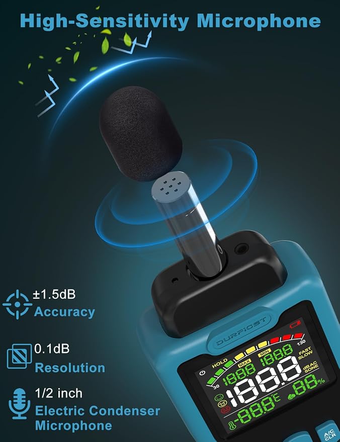 Decibel Meter, DURFICST Sound Level Meter 30-130dB, SPL Meter with Temperature & Humidity, A/C Weighted DB Meter with dB/SONE, Fast/Slow, MAX/MIN, for Home, Office, Factory, Neighbor Noise