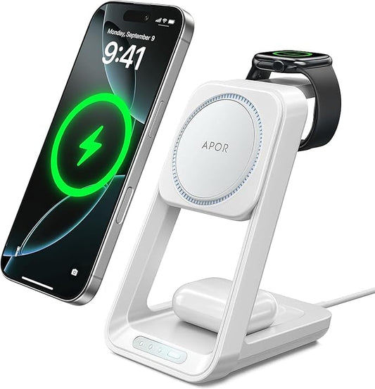 3 in 1 Charging Station for iPhone, for Magsafe Wireless Charger with Cooling Fan for iPhone 17 16 15 14 13 12 Series & Apple Watch Charger, Wireless Charging Station for AirPods 4/3/Pro (White)