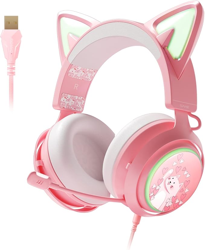 EASARS Pink Gaming Headset GS510, Wired, Over Ear, Cat Ear Design with RGB Lighting, 7.1 Surround Sound, Retractable Mic, Compatible with PC, PS4, PS5
