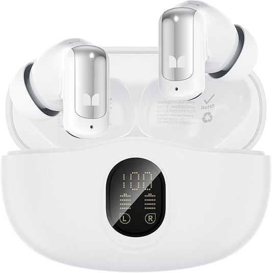 Monster N-Lite 217 Wireless Earbuds, Immersive Stereo Sound, Bluetooth 6.0 in-Ear Headphones, Built-in Smart Noise Cancelling Mic for Clear Calls, Comfortable Fit, 32H Playtime, IPX5 Waterproof, White