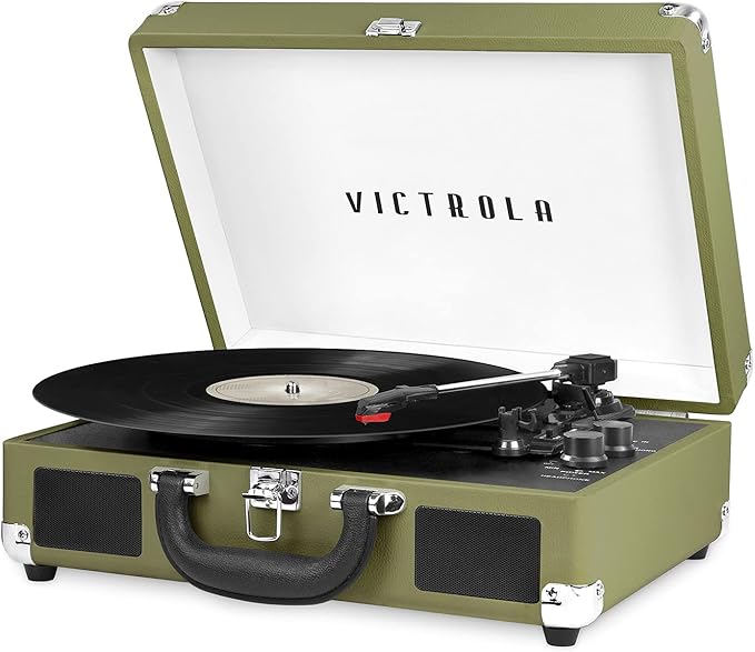 Victrola Journey Bluetooth Portable Suitcase Record Player – with Built-in Speakers, 3 Speed Vinyl Record Player, RCA Out, Headphone Jack (Green Olive)