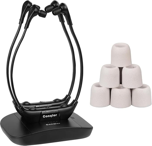 Conqier Dual Wireless TV Headphones Bundle for Seniors - 2 Headsets with 2.4GHz Transmitter + 5 Pairs Replacement Ear Tips, 164FT Range, Voice Enhancer and Balance Left/Right Hearing