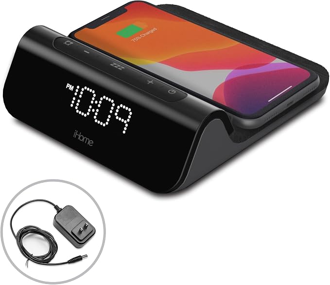 iHome 3-in-1 Magnetic Fast Wireless Charging Clock for Magsafe Enabled Devices, USB-C and USB-A Charging, 25W Total Power Output (iW23)