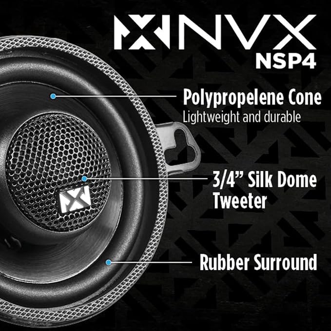 NVX NSP4 4" Car Speakers, 300W Max, 100W RMS, 2-Way Coaxial w/Silk Dome Tweeters & Built-in X-Overs, Easy to Install in Cars/Trucks/Doors (Pair)