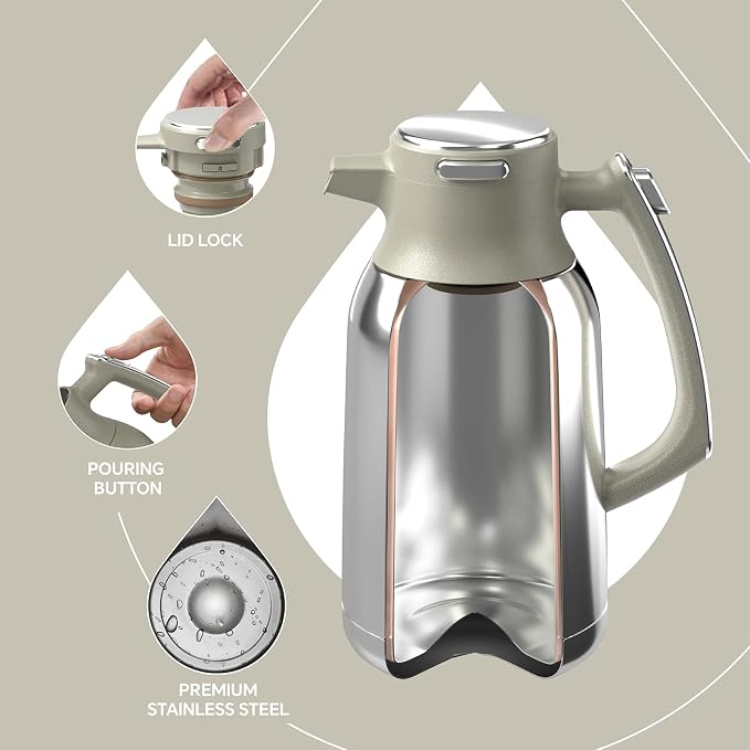 IDEUS Thermal Coffee Carafe, Stainless Steel Double Wall Insulated Vacuum Flask, Water Jug Coffee Server and Beverage Dispenser, Heat and Cold Retention (Celadon, 68, Fluid Ounces)