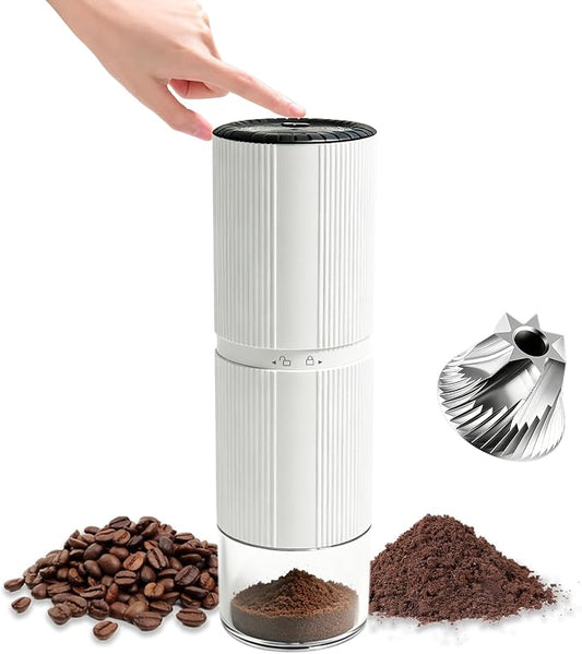 Portable Electric Coffee Grinder, 7-Blade Conical Stainless Steel Burr, 30+ Adjustable Settings, USB-C Rechargeable Cordless Handheld Metal Shell for Espresso & Travel - White