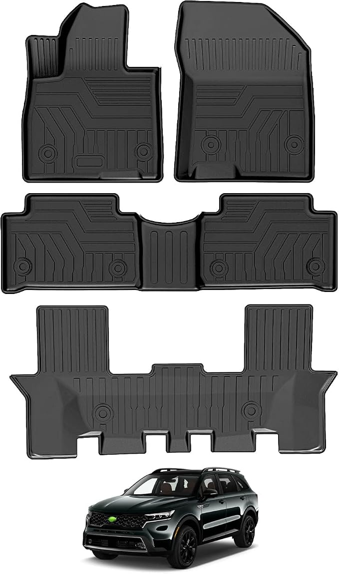 T TGBROS Floor Mats Custom Fit for 2021-2026 Kia Sorento Gas Only (Only Fits Bench Model &7 Seats) Accessories All Weather Protection TPE 1st + 2nd + 3rd Rows Floor Liners Set Non-Slip Black