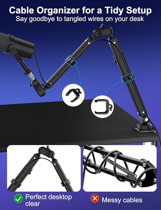Kairiyard Microphone Boom Arm, 360° Rotatable Heavy Duty Stable Metal Low Profile Mic Arm Stand Desk Mount for Podcast Live Streaming Gaming Studio, with Cable Management, 3/8'' to 5/8'' Adapter