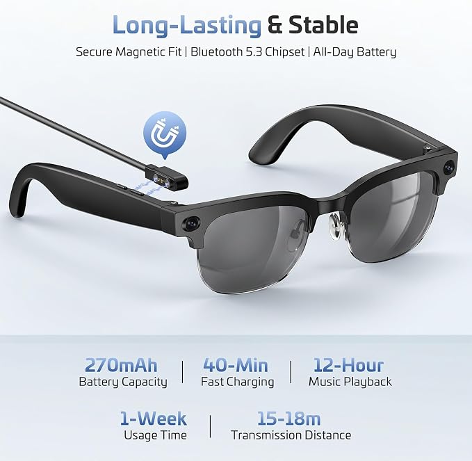 AI Smart Glasses for Men Women,8MP 4K HD Camera Glasses,Supports AI Voice Control/Photo/Video/Audio Recording,Bluetooth Camera Glasses with 133 Translations,IP67 Waterproof for Business & Outdoor