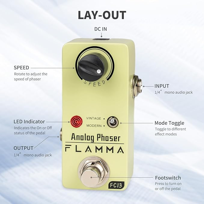 FLAMMA FC13 Phaser Guitar Pedal Analog Phase Effects Mini Pedal with Classic Vintage Modern Modes True Bypass