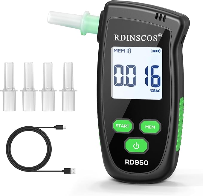 RDINSCOS Fuel Cell Breathalyzer with Active Pump Sampling Alcohol Tester | Rechargeable, Fast Accurate BAC Detector, Includes 5 Food-Grade Mouthpieces, Personal Safety Use