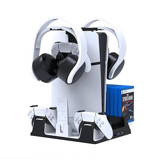 JOYTORN PS5 Vertical Stand with Cooling Fan and Dual Controller Charger Station for PlayStation 5/Slim Console, PS-5 Accessories with Headset Hooker,14 Game Rack Storage, Media Remote Organizer