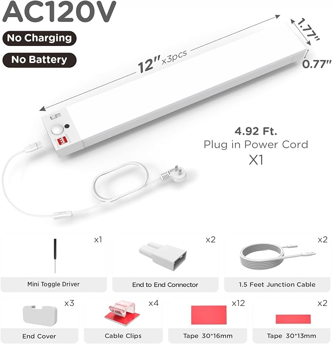 Under Cabinet Lighting Plug in, AC120V 3CCT 3000/4000/5000K Motion Sensor Light Indoor with Timer, Super Bright Linkable LED Counter Light for Kitchen, Closet, White 12 Inch, 3Pack