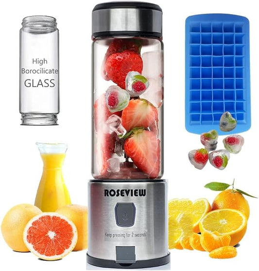 Portable Smoothie blender ROSEVIEW Glass bottle USB rechargeable mini Handheld Ice Shakes Cup 2 blend juicer Cordless Personal smoothies maker Fruit mixer (Steel) (CarbonSteel)