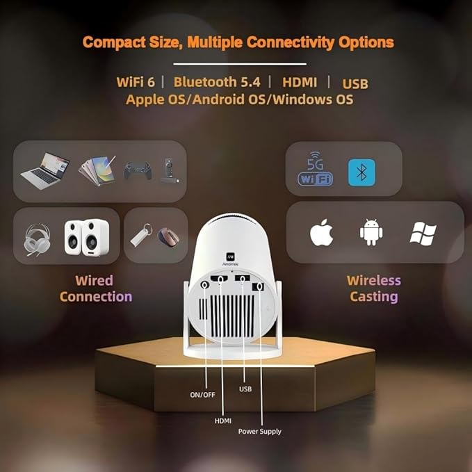 Smart Short Throw Projector with WiFi and Bluetooth, 210° Rotatable Mini Projector with Android System, Built-in Apps, Auto Keystone, Portable Ceiling Movie Projector for Bedroom & Outdoor Use