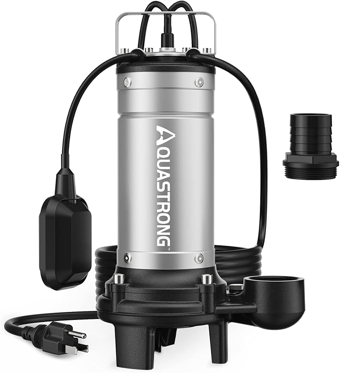 Aquastrong 1HP Sewage Grinder Pump, Stainless Steel, 115V Automatic Float Switch, Cast Iron Impeller, Submersible Effluent/Sewage Pump for Sump Basin, Basement 2'' NPT Discharge, Silver
