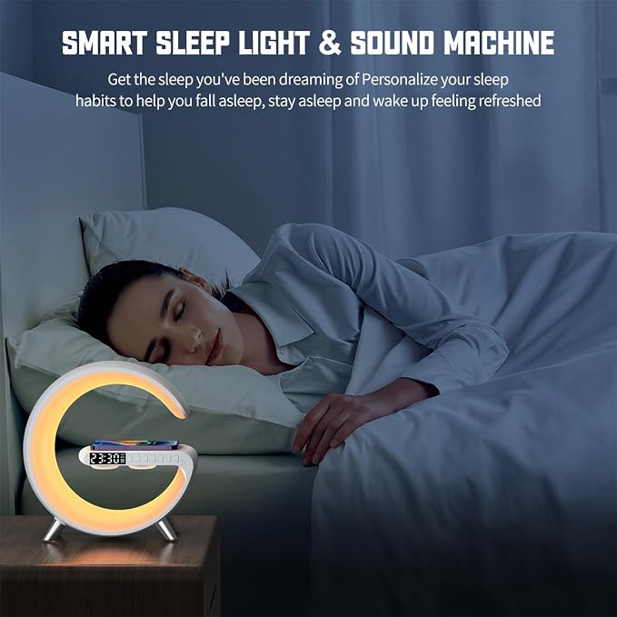 Smart LED Bedside Table Lamp, 4-in-1 Wireless Charger, Night Light, Alarm Clock, Bluetooth Speaker with App Control