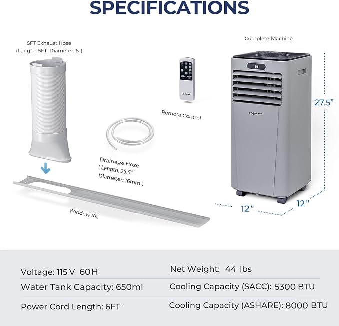 COSTWAY Portable Air Conditioner, 8000BTU AC Unit with Drying, Fan, Sleep Mode, 24H Timer, Remote Control, Cools Room up to 230 Sq. ft, for Home & Office Use, Window Kit Included(8000BTU-Grey)
