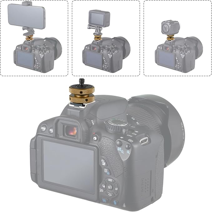 MINIFOCUS Camera Hot Shoe Mount Adapter, Double Nut with 1/4" and 3/8" Aluminum Alloy Tripod Screw Flash Shoe Mount for LED Monitors, Microphone, DSLR Field Monitor (Pack of 2)