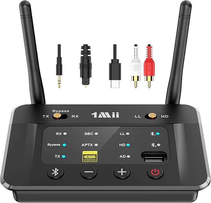 1Mii B03S Bluetooth 5.3 Transmitter Receiver for TV Home Stereo, Optical RCA AUX Wireless Audio Adapter with Audiophile DAC, aptX Adaptive/LL/HD, Dual Link, Volume Control, Soundbar Passthrough