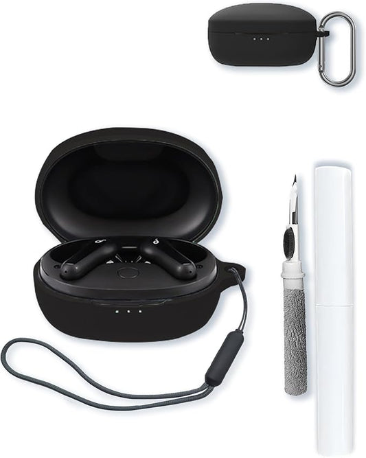 Case for Soundcore Anker Life P2 mini True Wireless Earbuds,Soft Protective,BOVUGAC Silicone Case Cover with Keychain & Cleaning Kit & Lanyard for Anker Life P2 mini-Black