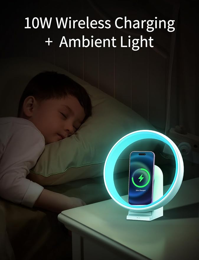 4-in-1 Atmosphere Table Lamp for Bedroom, 15W Wireless Charging Station,Bluetooth Speaker, Phone Stand, Ideal for Teenage Girls Boys Gifts