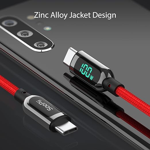 SOOPII 100W USB C to USB C Cable,[4ft,2-Pack],Nylon Braided Fast Charging Cable with LED Display for lPhone 15/15 Pro/15 Plus,lPad Air,MacBook Pro, Galaxy S24/S23(Red)