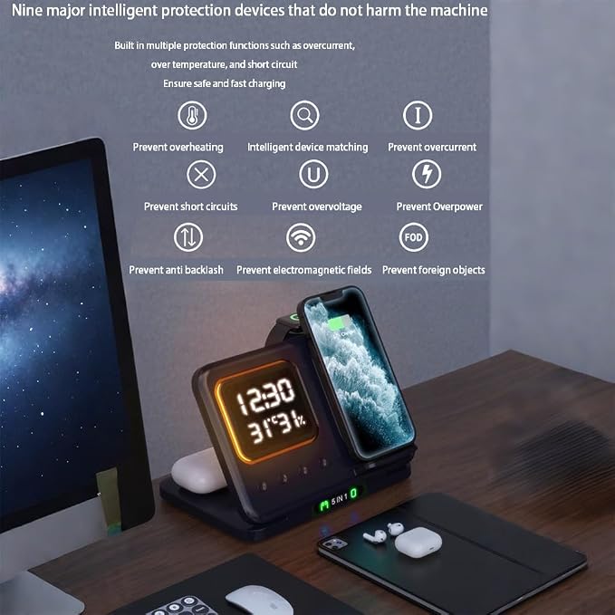 AYI Multi Functional Wireless Charging Station with Digital Clock 15W Fast Charge Night Light Temperature Humidity Monitor Wireless Charger for All Qi Phone TWS Headphone and Apple Watch-DH15 Black.