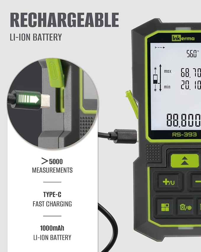 Inkerma Dual Laser Measurement Tool, 393Ft/120M Bilateral Laser Distance Meter, Rechargeable Laser Measure with Ft/in/M Multiple Units, Angle Sensor, Pythagorean Mode, Area and Volume