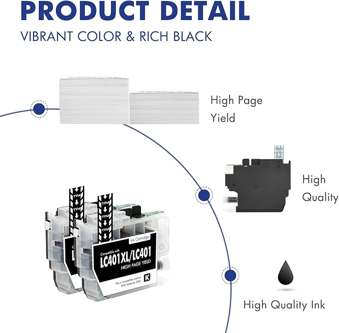 LC401XL LC401 MFC-J1010DW Black Ink Cartridges Compatible for Brother LC 401 XL MFC-J1010DW MFC-J1170DW MFC-J1012DW MFC-J1800DW MFC J1010DW Printer (High Yield, 2 Pack)