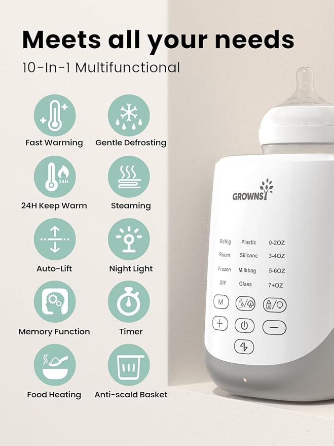 Grownsy Nutri Bottle Warmer with Innovative Auto-Lift Feature, Retain Fullest Nutrients Compact Baby Bottle Warmer, Fast & Even Heat, Always Right Temperature, Night Light for Nighttime Breastfeeding