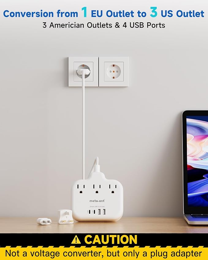 European Travel Plug Adapter, US to European Plug Adapter with 3 American Outlets & 4 USB, 3ft European Power Cord, International Travel Power Strip, Type C for Europe EU Germany France, Travel, White