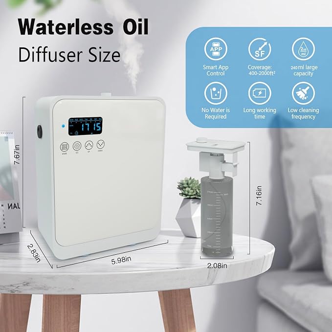 Smart Aroma Diffuser for Home & Business, 240ml Waterless Essential Oil Diffuser with App Control, Covers 400 to 2000 Sq.Ft, Pure Essential Oil Only for Hotel, Office, Spa