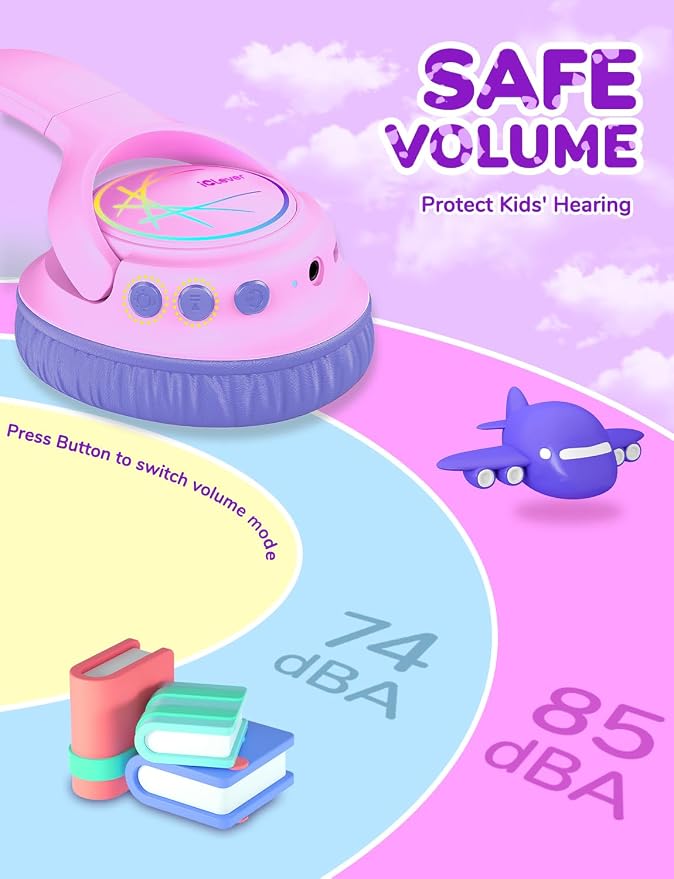 iClever Kids Bluetooth Headphones with LED Lights, BTH18 Safe Volume 74/85dBA, 43H Playtime, Bluetooth5.3 Kids Headphones Wireless Aux Cord for iPad/Tablet/Travel/School, Pink/Blue