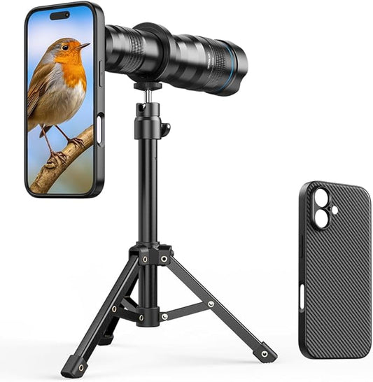 APEXEL 36x Telephoto Lens Compatible with iPhone 17 | Photography for Travel, Birdwatching, Exploration | Kit with Sturdy Metal Tripod and Threaded Phone Case