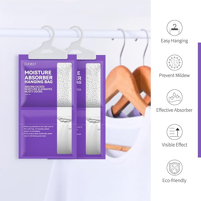 CLEVAST Moisture Absorbers Packets 10 Pack, Dehumidifier Bags for Closet, Hanging Absorber in Wardrobes, Bedrooms, Bathrooms