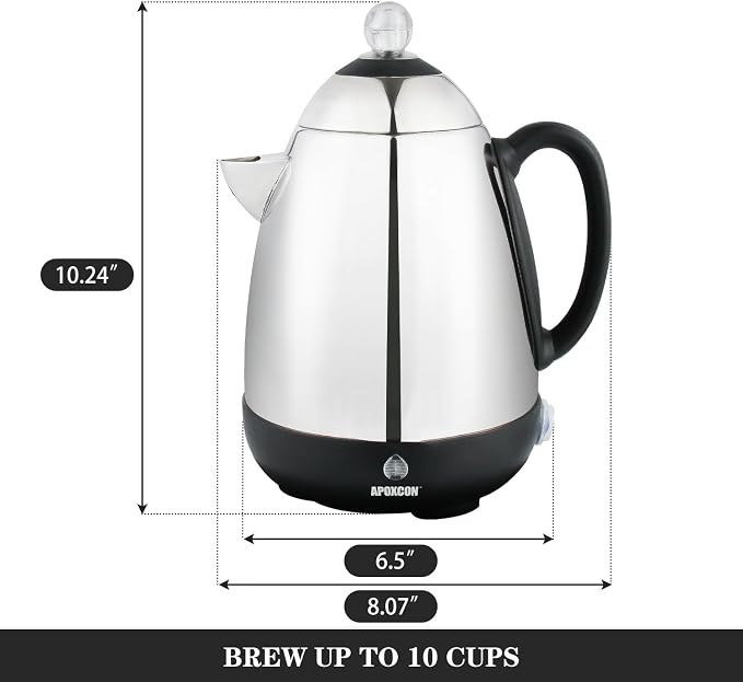 APOXCON Electric Coffee Percolator, Stainless Steel, with Clear Brew Progress Knob, No-Drip Spout, Auto Keep Warm, Cordless Serving, 10 Cup, Silver