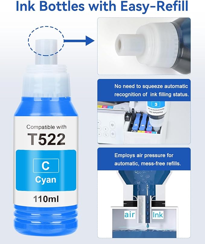 522 High Capacity Ink Refill Bottle (6-Bottles) Replacement for Epson 522 Ink Works with EcoTank ET-2800 ET-2400 ET-2720 ET-2803 ET-2840 ET-4700 ET-4800 ET-4810 660ml Total Black and Color Combo