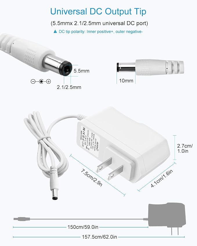 ALITOVE DC 12V Power Supply 1A 12W AC Adapter 100-240V to DC12V 4.92Ft Cord Universal Converter with 5.5x2.5 5.5x2.1 5.5x3.0 5.5x1.7 4.8x1.7 4.0x1.7 3.5x1.35 3.0x1.1 2.5x0.7 6.3x3.0 10 Tips
