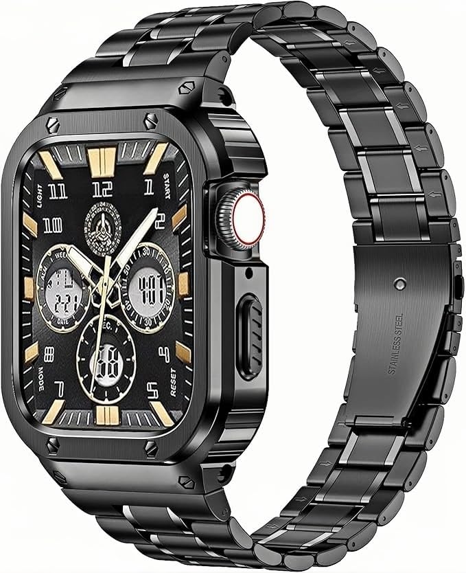MioHHR Stainless Steel Watch Band with Case Compatible with Apple Watch Series 9/8/7(45mm),Rugged Strap with Metal Protective Bumper Cover for iWatch Band Men(Black)