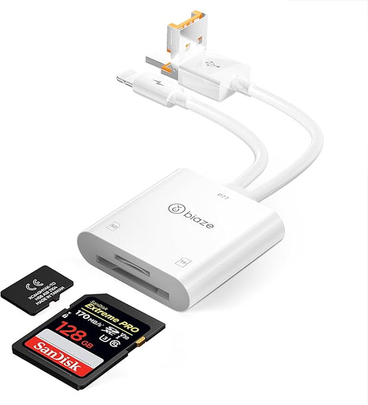 2-in-1 SD Card Reader for iPhone, Lightning USB 3.0 USB C Triple Port SD Card Adapter Supports SD and MicroSD Memory Card Plug and Play Trail Game Camera No Application Required(2-in-1 Card Reader)