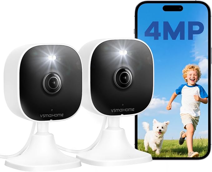 4MP Indoor Cameras for Home Security Outdoor, Home Security Camera System, 2.4g/5g Camera for House/Elder/Dog/Pet/Baby, Plug and Play, Support Card/Cloud (Not Included), 9.84ft Wire, 2PCS
