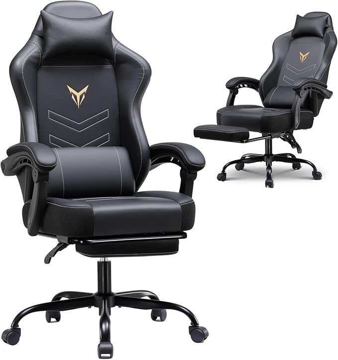 GTPLAYER Gaming Chair with Footrest, Recliner Chair with Headrest & Lumbar Support, Linkage Armrest,Ergonomic Gaming Chair 350lbs, High Back Office Home, Dark Black