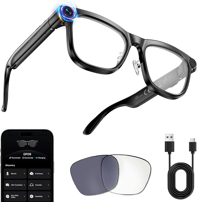 Smart Glasses with Camera, 4K HD Anti-Shake, Real Time Translation, AI Voice Assistant, Object Recognition, Smart Glasses for Women, for Travel/Meetings/Vlog（ Photochromic + Sunglass Lenses）
