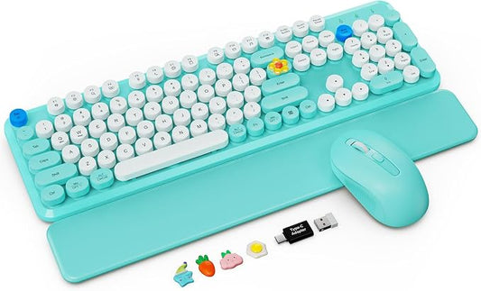 Wireless Keyboard and Mouse Combo with Detachable Magnetic Wrist Rest, Retro Typewriter-Style Keyboard, Round Keycaps, Adjustable Legs, 3-Level DPI Mouse, 2.4GHz for Windows PC/Laptop (Turquoise Blue)