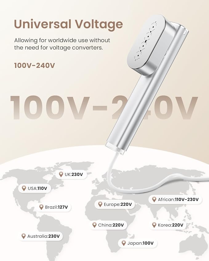 Travel Steamer for Clothes,100-240V Portable Garment Steamer, Steamer＆Iron 2 In 1, 30s Fast Heat-up,120ml Water Tank,Large Ceramic Heat Panel,Handheld Steamer for Global ＆ Europe Traveling,Silver